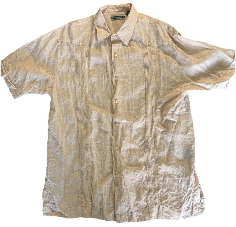 Cubavera Mens Large L Guayabera Shirt Short Sleeve Linen Blend Beige Button Up